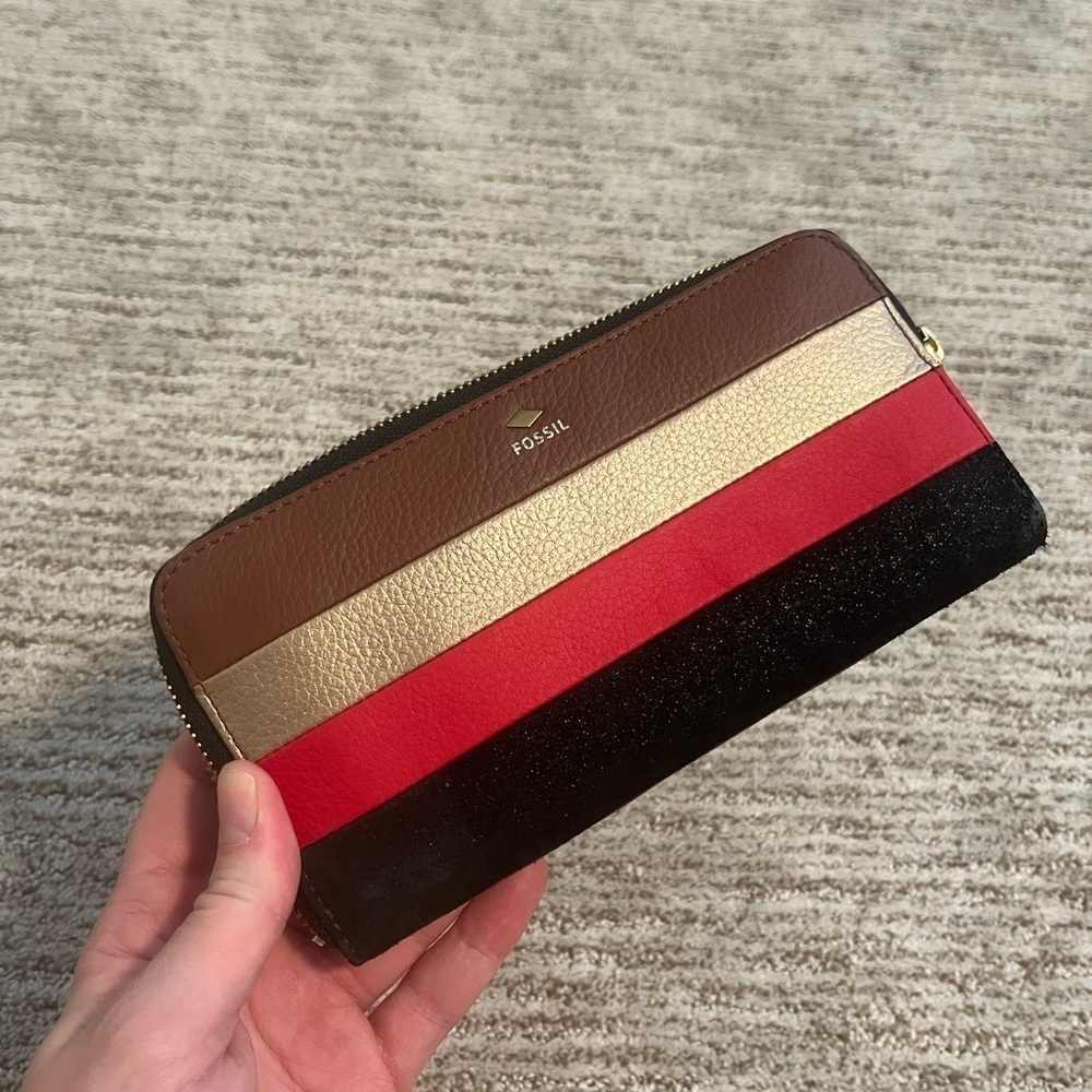 Fossil Striped Leather Zip Wallet in Brown, Gold, Red, Black